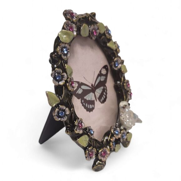 Vintage Enameled & Jeweled Picture Frame, 4"H, Flowers & Blue Bird – Butterfly - Picture 3 of 8